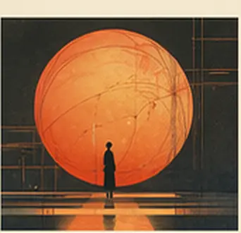 A tiny visitor standing before a glowing orange spherical installation.