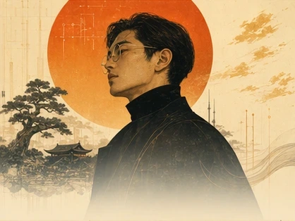 Aiko Watanabe illustrated in profile against a burnt-orange sun and pine silhouette.