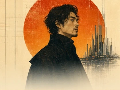 Keisuke Tanaka illustrated before an amber sun and speculative city towers.