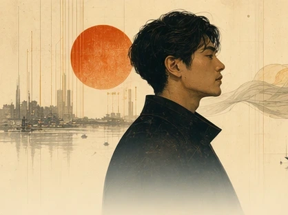 Kenji Arata illustrated before a red sun and distant speculative towers.