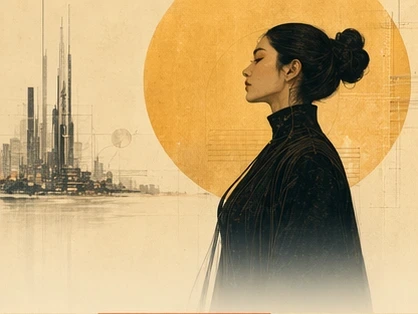 Yumi Nakamura illustrated in profile before a golden sun and distant future city.